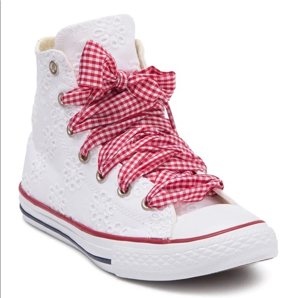Converse Other - Converse white floral eyelet with gingham/
white laces sneakers Size 1 girls.